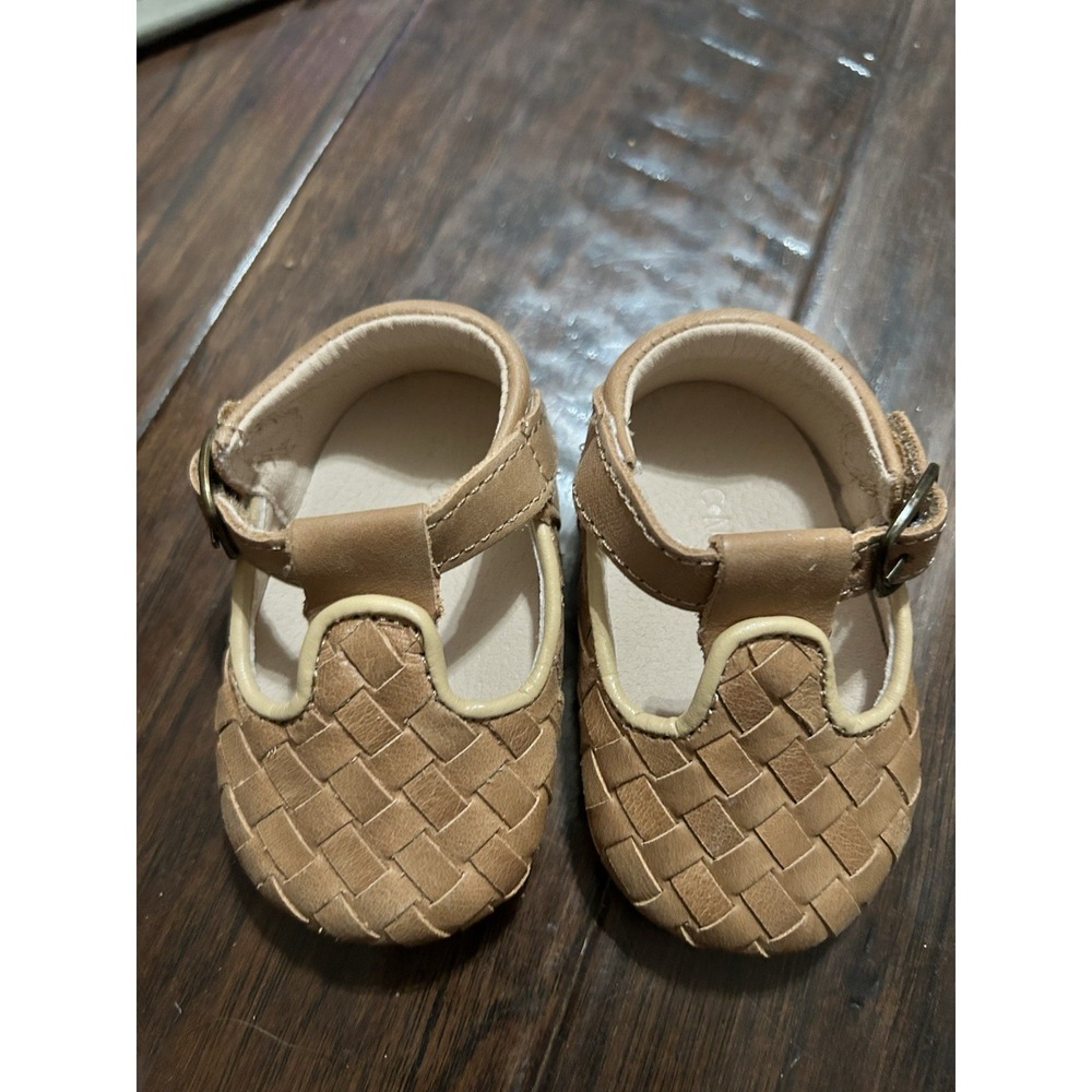 consciously Baby Girl Leather Woven T-Bar Walnut Brown Soft Sole 6–9 Month Shoes